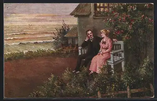 Künstler-AK sign. E. Frank: Das Haus am Meer, Mann und Frau sitzen zusammen auf einer Bank