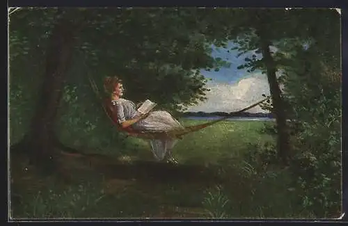 Künstler-AK sign. L. Reiff: Waldesschatten, Frau liegt in einer Hängematte