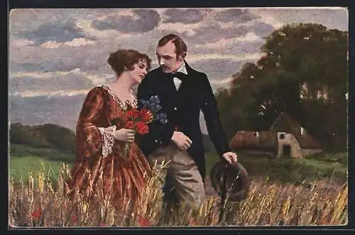 Künstler-AK sign. F. Burger: Es war ein Sonntag hell und klar, Paar spaziert durch ein Feld