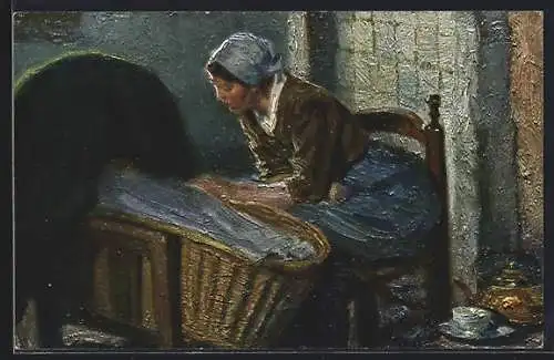 Künstler-AK sign. Jul. Schrag: Wiegenlied, Frau singt zu ihrem Kind