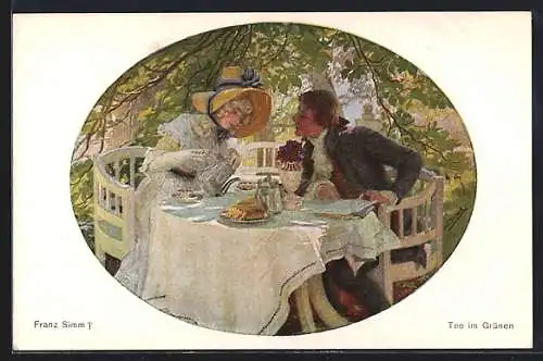 Künstler-AK sign. Franz Simm: Tee im Garten, Paar am Kaffeetisch