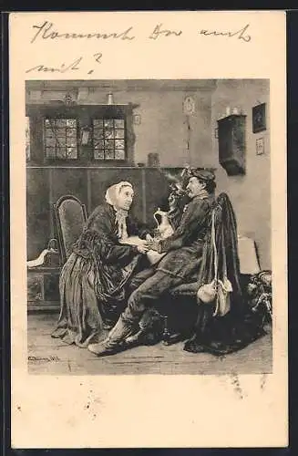 Künstler-AK sign. Carl Hübner: Paar am Tisch in der Stube