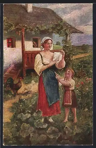 Künstler-AK sign. F. Schlegel: Frau und Mädchen mit dem ersehnten Brief