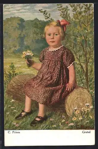 Künstler-AK sign. C. Priem: Gretel mit einem Blumenstrauss