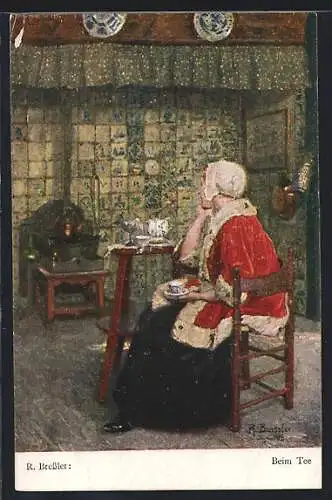 Künstler-AK sign. R. Bressler: Frau beim Tee in der Stube