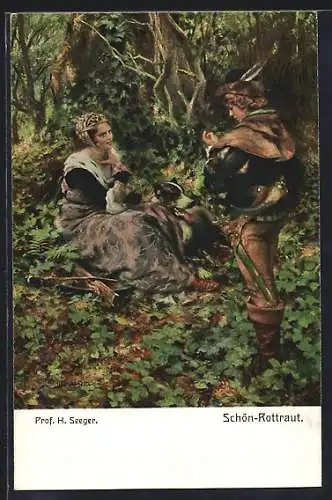 Künstler-AK sign. Prof. H. Seeger: Schön-Rottraut, Junger Mann und Frau mit Hund im Wald