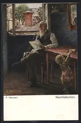 Künstler-AK sign. F. Marcusy: Kleines Kind nascht Süssigkeiten
