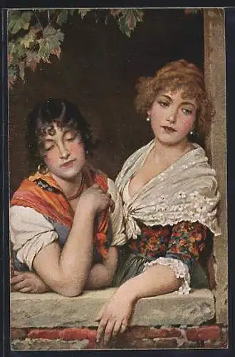 Künstler-AK sign. Eugen v. Blaas: Zwei junge Frauen am Fenster