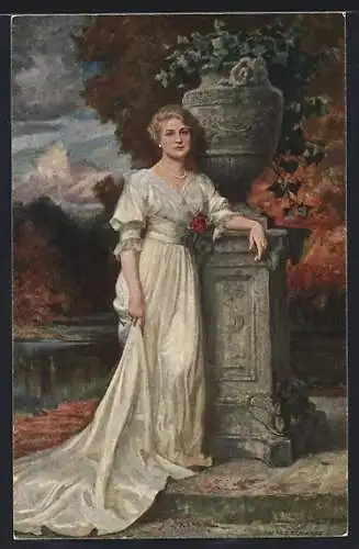 Künstler-AK sign. Alfred Schwarz: Frau steht anmutig an einer Vase