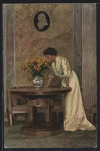 Künstler-AK sign. Alfred Schwarz: Frau am Tisch beim Morgengruss