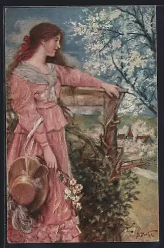 Künstler-AK sign. Bruno Dietze: Junge Frau in Frühlingslandschaft