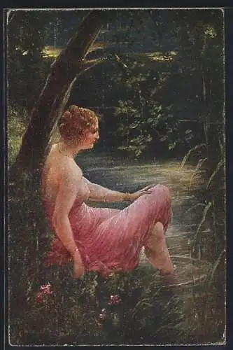 Künstler-AK sign. F. Schlegel: Frau am Ufer bei einer Träumerei