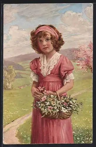 Künstler-AK sign. E. Weise: Frühlingserwachen, Junges Mädchen mit Blumenkorb