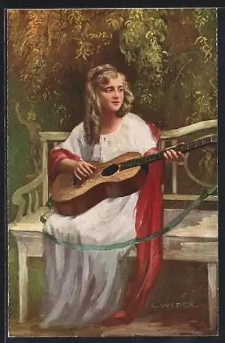 Künstler-AK sign. E. Weber: Junges Mädchen spielt muntere Lieder