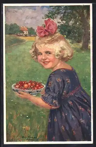 Künstler-AK sign. Rob. Völcker: Mädchen mit einer Schale Kirschen