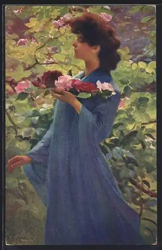 Künstler-AK sign. Fr. Dvorák: Dame mit Rosen