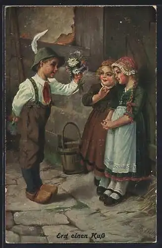 Künstler-AK sign. Th. Matthei: Holländischer Junge mit Blumen für das Mädchen