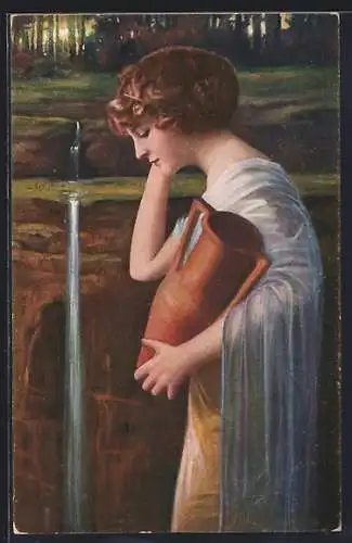 Künstler-AK sign. E. Manstedt: Frau mit Krug an der Quelle