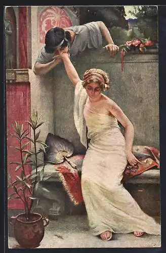 Künstler-AK Liebesidylle, Mann küsst die Hand einer Frau