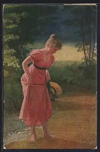 Künstler-AK sign. Adolf Hering: Junge Frau am Bachesrand