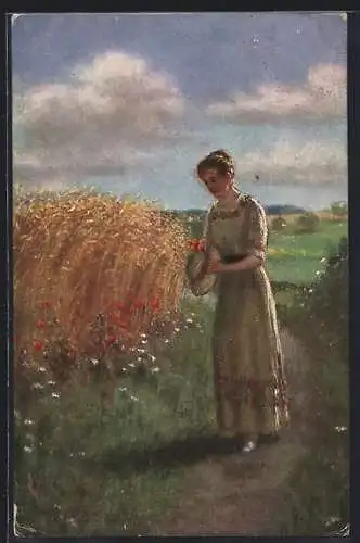 Künstler-AK sign. I. Linschoten: Junge Frau pflückt Mohnblumen