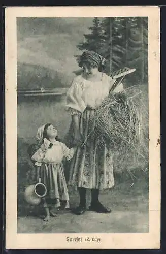 Künstler-AK sign. Z. Luy: Bäuerin mit Rechen und Tochter