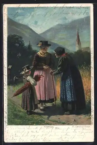 Künstler-AK sign. H. Lindenschmitt: Frau mit Kind und Grossmutter an einem Sonntag