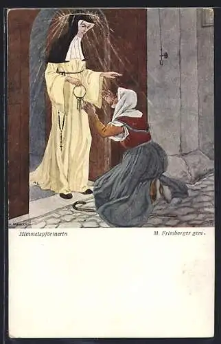 Künstler-AK sign. M. Frimberger: Himmelspförtnerin und kniende Frau