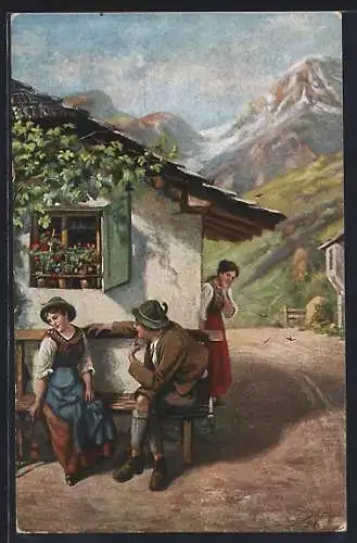 Künstler-AK sign. J. Barth: Pärchen wird von junger Frau belauscht