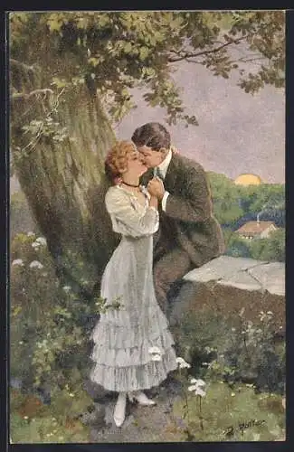 Künstler-AK sign. J. Roller: Liebespärchen küsst sich