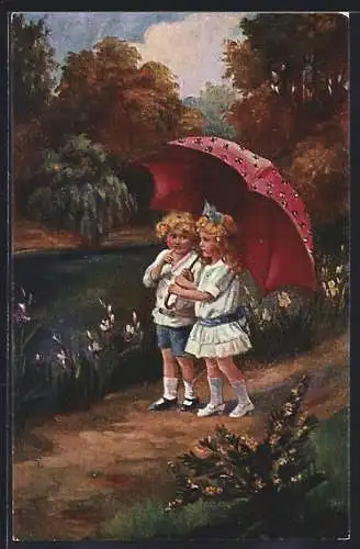 Künstler-AK sign. M. Schartner: Kinderpaar hat ein Geheimnis