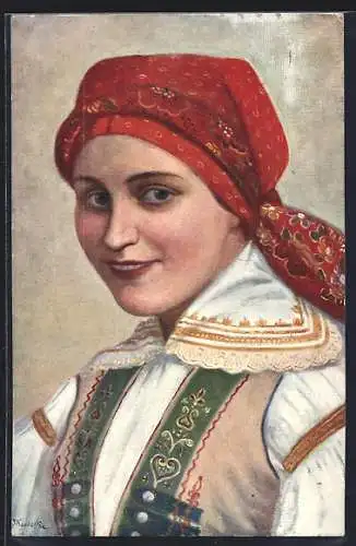 Künstler-AK sign. J. Koudelka: Junge Frau mit Kopftuch