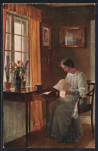 Künstler-AK sign. Alfred Broge: Liebe Erinnerungen, Frau liest einen Brief