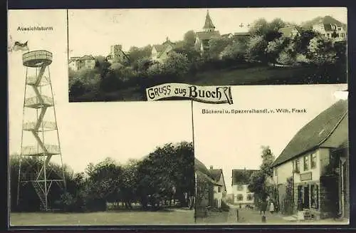AK Buoch, Teilansicht, Aussichtsturm, Bäckerei und Spezereihandl. Wilh. Frank