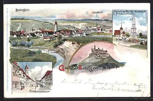 Lithographie Balingen, Teilansicht mit Ostdorf, Überschwemmungs-Denkmal & Friedenskirche, Friedrichstrasse