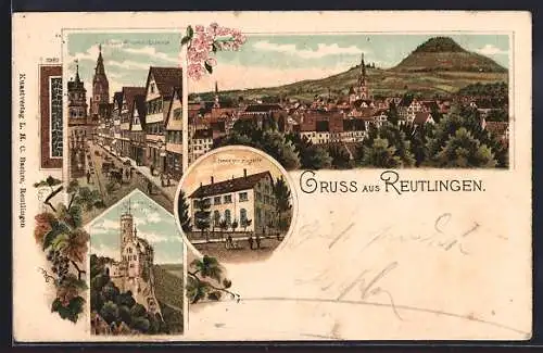 Lithographie Reutlingen, Gesamtansicht, Obere Wilhelm-Strasse, Lichtenstein mit Honauer Tal, Ebenezer Kapelle