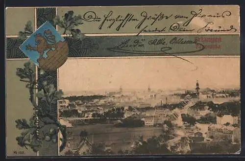 Lithographie Erlangen, Panorama, Wappen, Passepartout