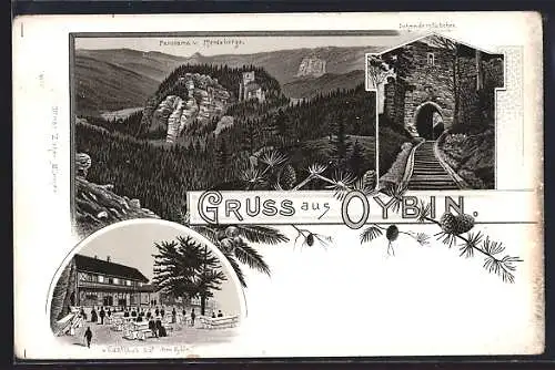 Lithographie Oybin, Gasthaus auf dem Oybin, Schneiderstübchen, Panorama vom Pferdeberge