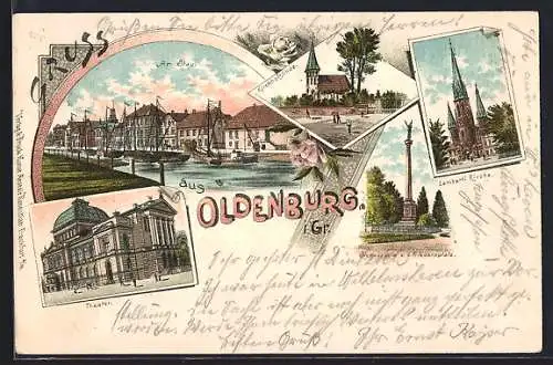 Lithographie Oldenburg i. Gr., Theater, Kirchhofslinde, Lamberti-Kirche