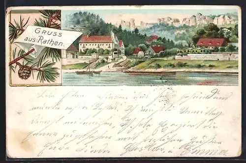 Lithographie Rathen, Uferpartie mit Hotel, Tannenzweig