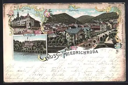 Lithographie Friedrichroda, Schloss Reinhardsbrunn, Kurhaus, Totalansicht