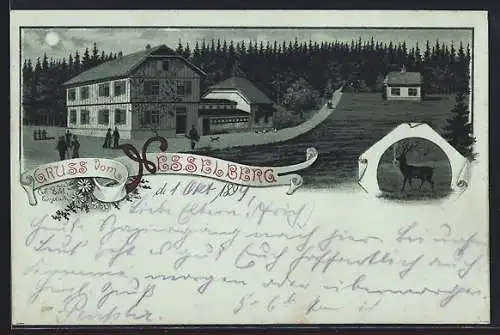 Mondschein-Lithographie Nesselberg, Ortspartie, Hirsch
