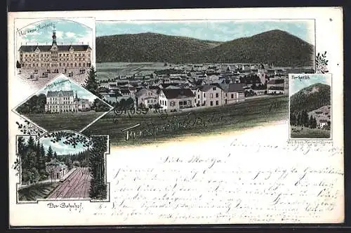 Lithographie Friedrichroda, Neues Kurhaus, Schloss Reinhardsbrunn, Ortsansicht