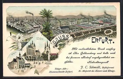 Lithographie Erfurt, Fabrik von J. C. Schmidt, Rathaus, Dom und Severikirche