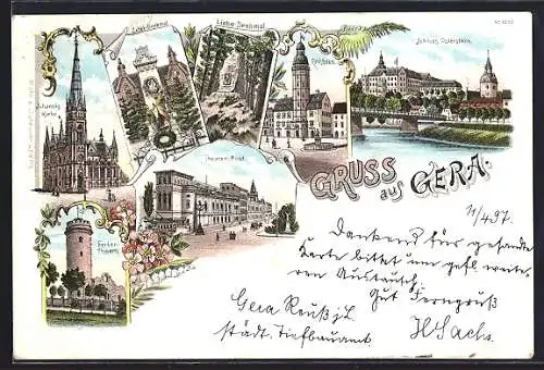 Lithographie Gera, Theater-Post, Johanniskirche, Schloss Osterstein