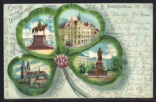 Passepartout-Lithographie Magdeburg, Kaiserdenkmal, Bismarck-Denkmal, Dom, Würzburger Alte Markt, Dom, Kleeblatt