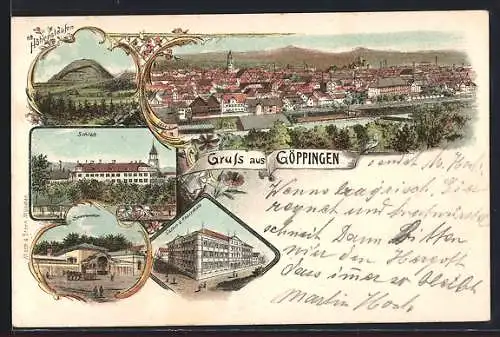 Lithographie Göppingen, Latein- u. Realschule, Sauterbrunen, Schloss
