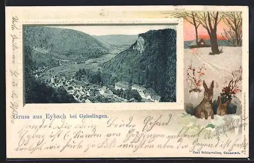 Passepartout-Lithographie Eybach bei Geisslingen, Teilansicht, Zwei Hasen in winterlicher Landschaft