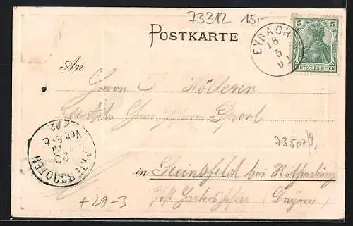 Passepartout-Lithographie Eybach bei Geisslingen, Teilansicht, Zwei Hasen in winterlicher Landschaft