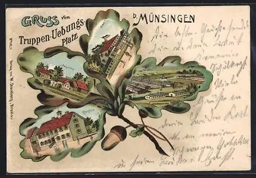 Passepartout-Lithographie Münsingen, Truppen-Uebungs-Platz, Ludwigshöhe, Casino u. Kantine im Eichenblatt